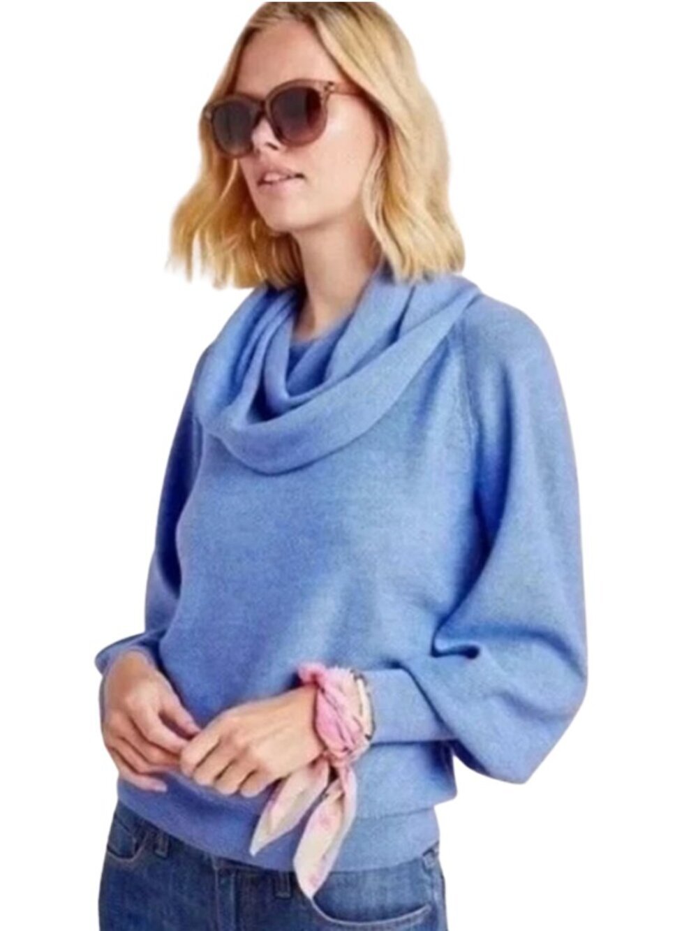 Anthropologie Jolene Cowl Neck Sweater Merino Wool Blue Quiet Luxury - Small